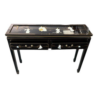 Late 20th Century Black Lacquer Hand Painted Mother of Pearl Inlay Table For Sale