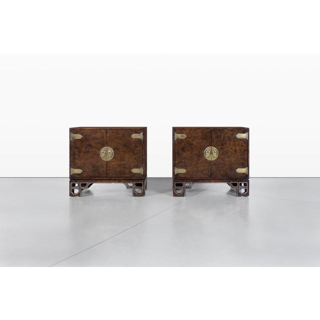 Mastercraft Vintage Asian-Style Burl Wood and Brass Cabinets by Mastercraft, a Pair For Sale - Image 4 of 13