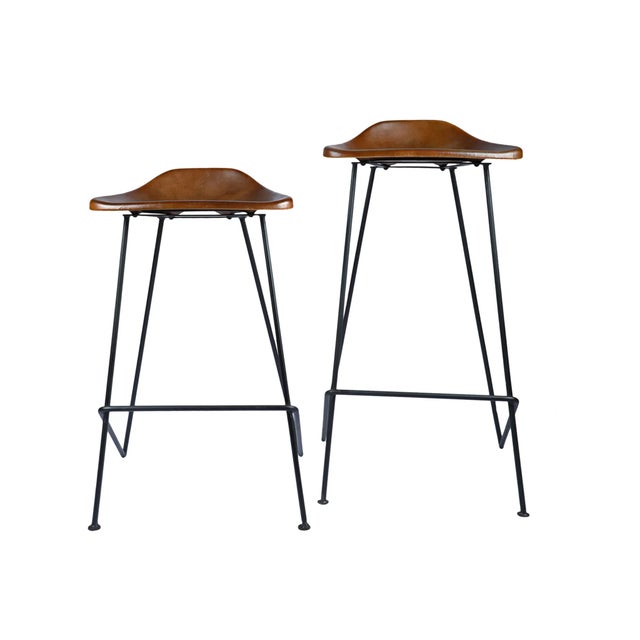 Matthew Izzo Home Tackshop Brown Leather Seat and Iron Base Bar Stool For Sale - Image 4 of 5
