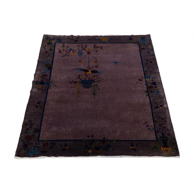Art Deco Antique Chinese Art Deco Rug Plum Purple Wool Floral & Bird Motif 9x12 For Sale - Image 3 of 11