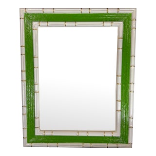 Vintage Palm Beach Regency Coastal Faux Bamboo Wall Mirror - Green and White With Gold Accents - Newly Painted For Sale