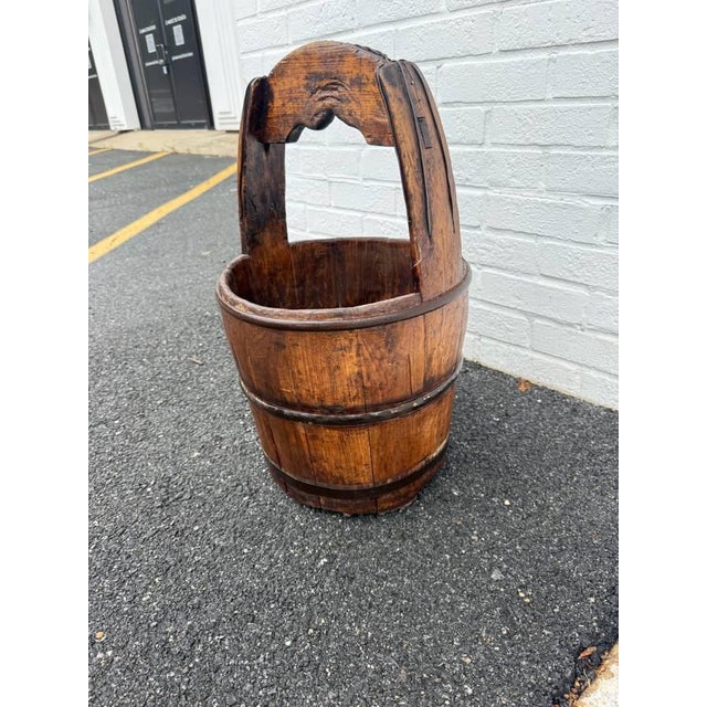 Antique Farmhouse Rustic Primitive Style Solid Wood Bucket With Arched Handle Solid wood, very heavy. This rustic antique...