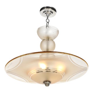 1930s Art Deco Signed Daum Frosted Rose-Hue Saucer-Form Pendant Chandelier For Sale