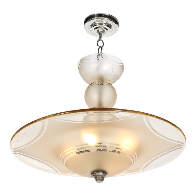 1930s Art Deco Signed Daum Frosted Rose-Hue Saucer-Form Pendant Chandelier For Sale