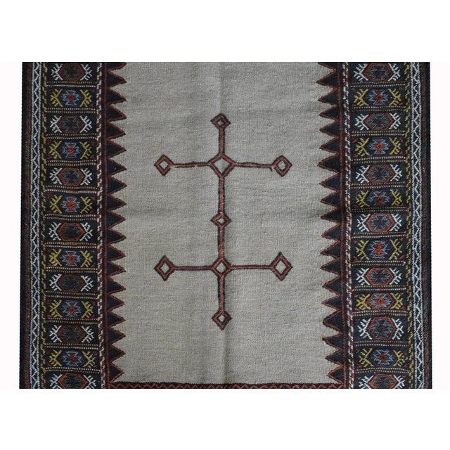 A wonderful vintage Persian Afshar Sofreh rug woven with a simple geometric patterned medallion against a solid gray field...