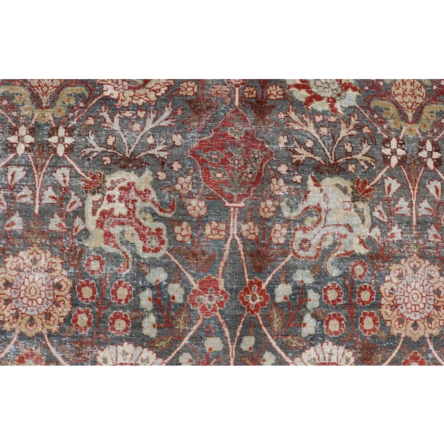 Antique Tabriz With All-Over Floral Sub-Geometric Design in Charcoal and Red 8'0 X 11'6 For Sale In Atlanta - Image 6 of 16