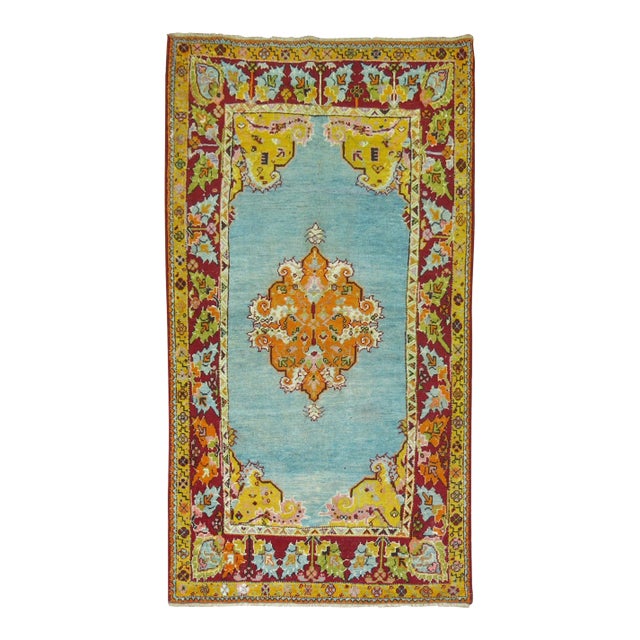 Rare Electric Blue Field Antique Turkish Melas Small Early 20th Century Rug For Sale