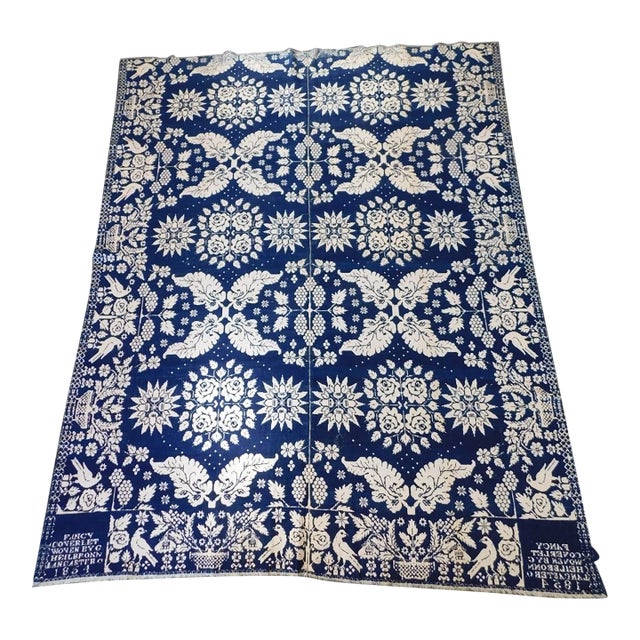 19th Century George Heilbronn Blue Jacquard Coverlet Dated 1854 Lancaster Ohio For Sale