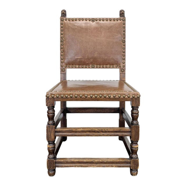 Vintage Dining Side Chair With Carved Finials and Nailhead Trim For Sale