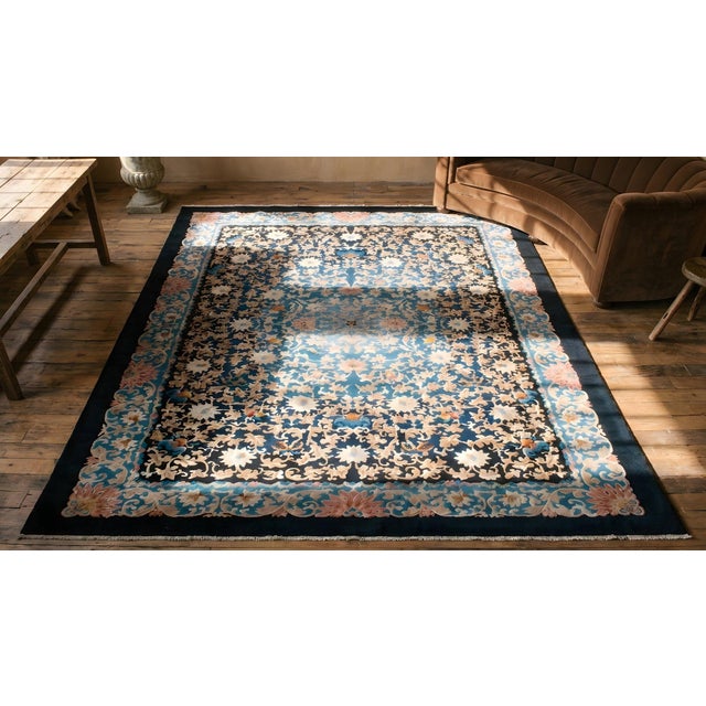 Textile 1920s Black Arabesques Antique Chinese Art Deco Rug 9'2" X 11'8" Handknotted Wool Carpet For Sale - Image 7 of 8