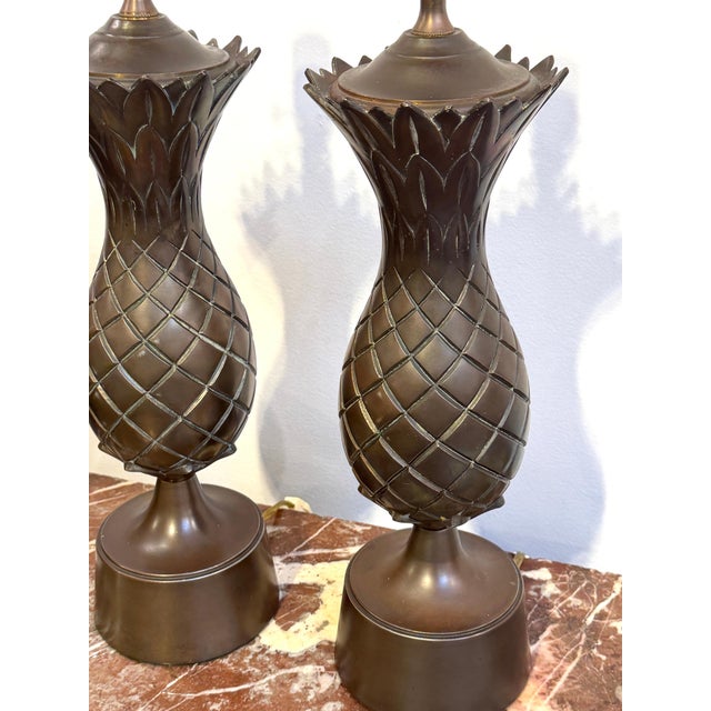 1990s Coastal Bronze Pineapple Lamps, Custom Rattan Shades & Pineapple Finials - a Pair For Sale - Image 11 of 12