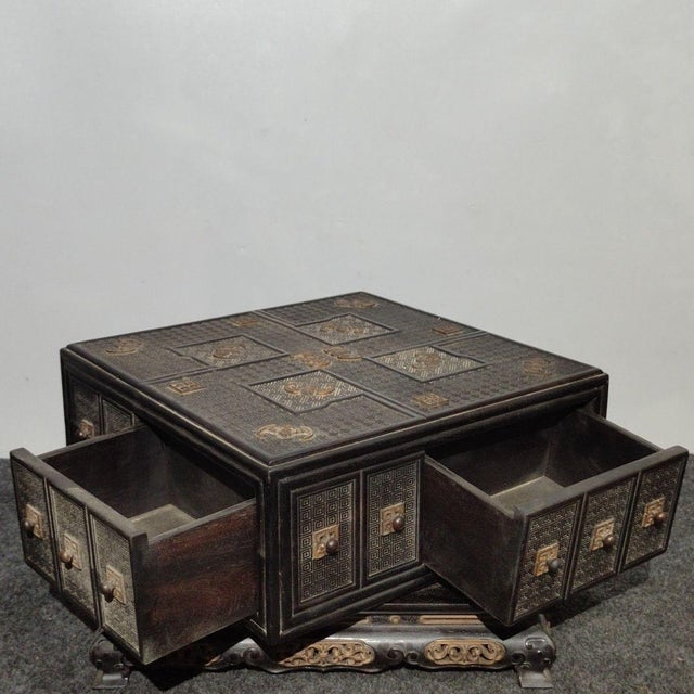 Antique Chinese Hardwood Jewelry Chest With Gilt-Bronze Inlay & Hidden Drawers For Sale In Los Angeles - Image 6 of 9