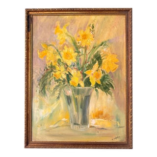 Vintage Daffodil Oil Painting on Grumbacher Ny Canvas, Original Mid Century Floral in Gold Frame, Impressionist Flower Art. Signed Mahaffey For Sale