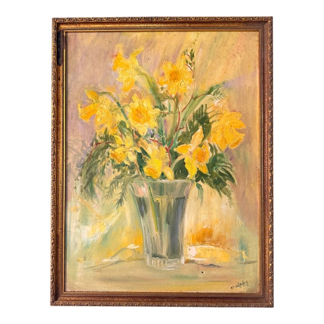 Vintage Daffodil Oil Painting on Grumbacher Ny Canvas, Original Mid Century Floral in Gold Frame, Impressionist Flower Art. Signed Mahaffey For Sale