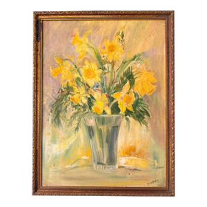 Vintage Daffodil Oil Painting on Grumbacher Ny Canvas, Original Mid Century Floral in Gold Frame, Impressionist Flower Art. Signed Mahaffey