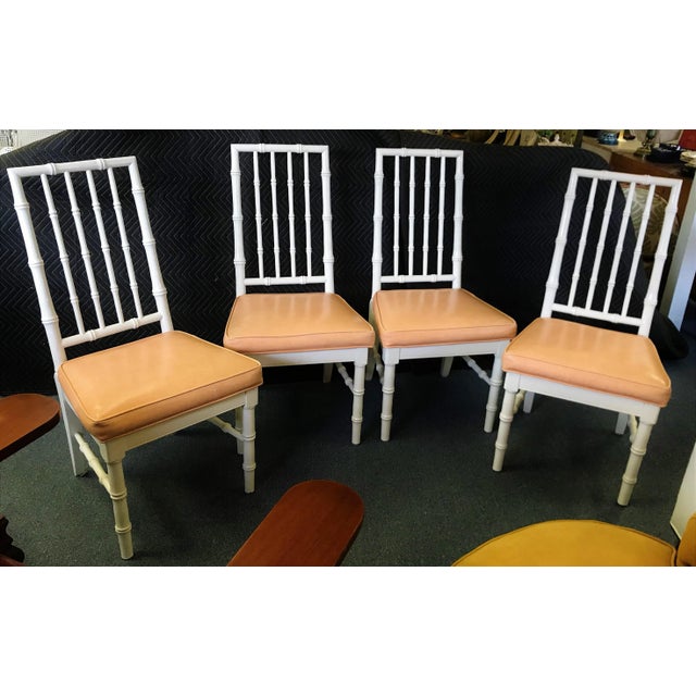 Mid-Century Modern Late 20th Century Faux Bamboo Dining Chairs With Melon Leatherette - Set of 4 For Sale - Image 3 of 13