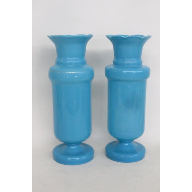 Traditional Turquoise Blue Opaline Glass Vase Pair of 2 With Hand Painted Floral Motif 5071b For Sale - Image 3 of 11