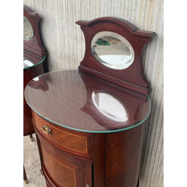 Late 19th Century Late 19th Century Louis XVI Style Pair of Marquetry Nightstands with Bronze & Mirror Crest For Sale - Image 5 of 18