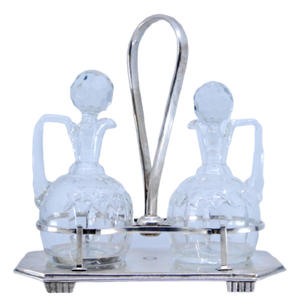 Modernist Style Silver and Cut Glass Cruet Set with Raised Feet, Set of 3