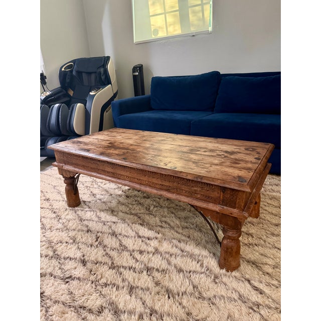 Vintage Indian Sheesham Wood Coffee Table With Iron Nailhead Detail and Baluster Legs For Sale In Los Angeles - Image 6 of 6