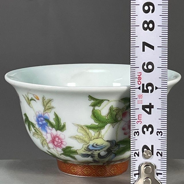 White Vintage Qing Famille Rose Porcelain Teacup – Floral & Butterfly Motif, Qianlong Mark For Sale - Image 8 of 9