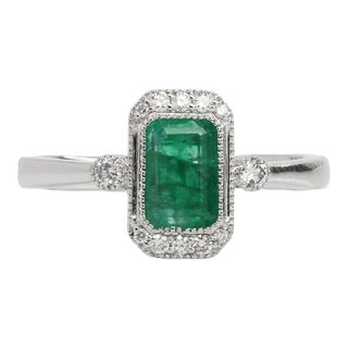 1ct Emerald Ring W Earth Mined Diamonds in Solid 14k Gold Emerald Cut Size 6.75 For Sale