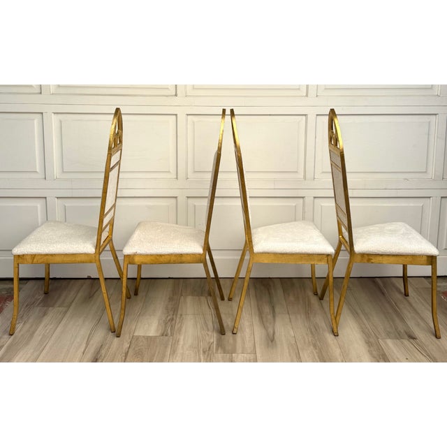 Set of 4 Hollywood Regency Gothic Revival Gilt Dining Chairs in Ivory Bouclé For Sale - Image 9 of 12