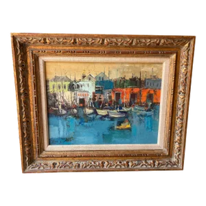 Jean Kalisch Modern Sea Harbor View / Boats Oil Painting Mid Century Gold Gilt Frame
