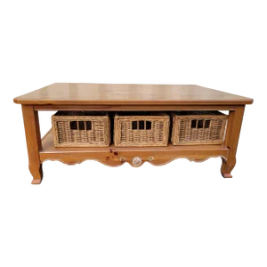 Ethan Allen Country Style Coffee Table With 3 Wicker Baskets