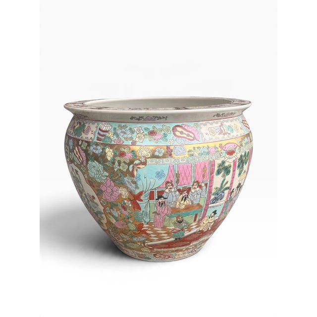 Rose 20th Century Chinese Famille Rose Porcelain Fishbowl Planter With Figural Scenes For Sale - Image 8 of 14