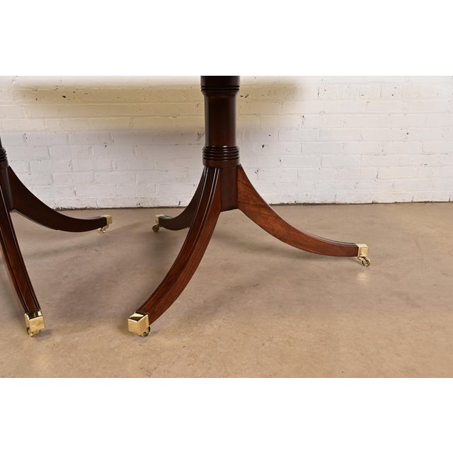 Baker Furniture Style Georgian Banded Mahogany Double Pedestal Extension Dining Table, Newly Refinished For Sale - Image 11 of 13