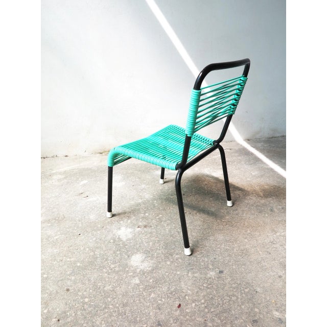 Vintage Aquamarine Green PVC Laces and Black Tubular Metal Childrens Chair, 1970s For Sale - Image 3 of 6
