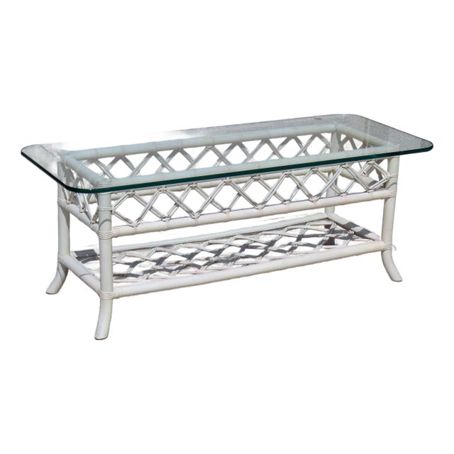 Vintage 1970s Coastal Rattan Coffee Table With Turquoise Glass Top and Cream-Colored Cane Frame For Sale