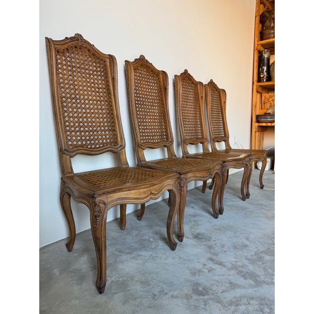 Vintage French Country Louis XV–Style Carved Wood Dining Chairs With Cane Backs — Set of 4 For Sale - Image 4 of 12
