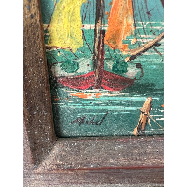 1960s Small Impasto Sailboat Oil Painting in Antiqued Giltwood Frame, Signed Michel For Sale - Image 4 of 12
