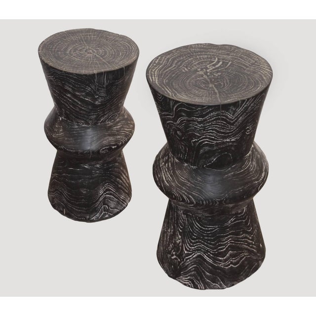 Andrianna Shamaris Triple Burnt Teak Wood Cerused Side Table or Stool For Sale - Image 4 of 18