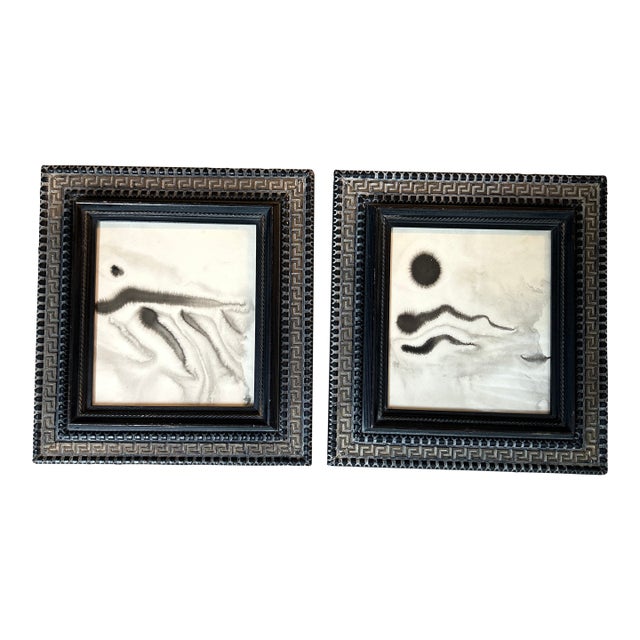 Two Contemporary Abstract Black Ink Watercolor Paintings - Set of Two For Sale