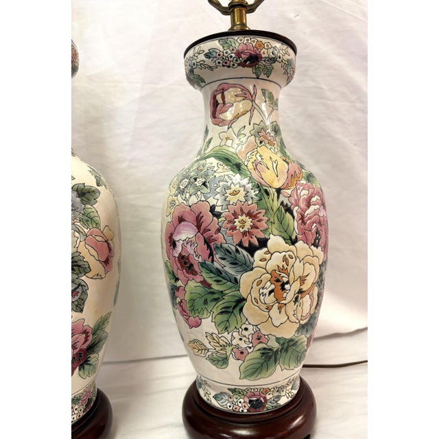 Late 20th Century Vintage Ceramic Vase Lamps With Elegant Floral Design on Wood Plinths- A Pair For Sale - Image 5 of 15