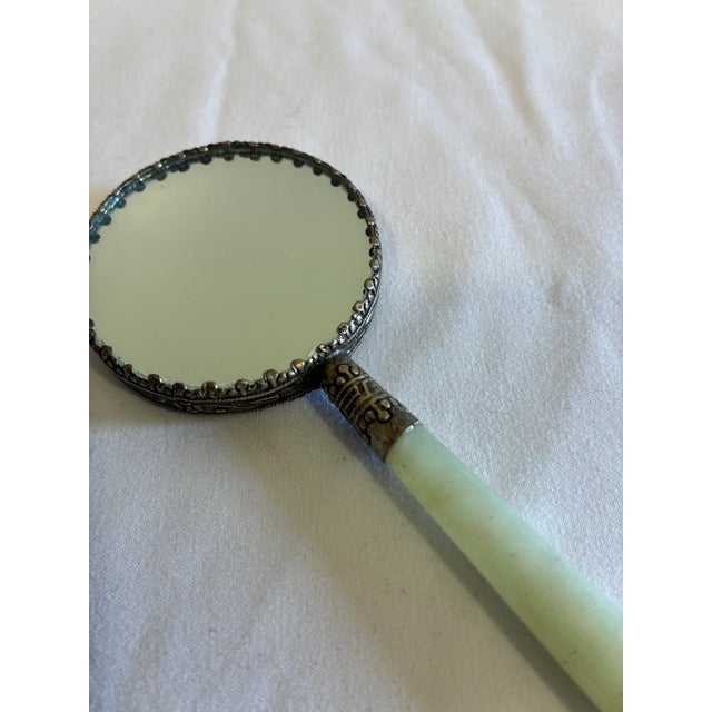 Glass Vintage Hand Mirror With Jade Handle & Hand-Painted Asian Scene For Sale - Image 7 of 11