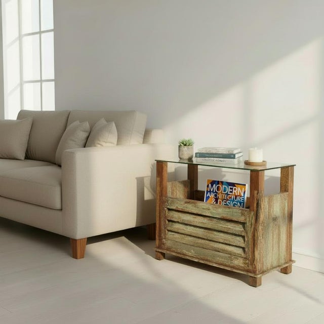 Dimensions: 24″ W x 13″ D x 24″ H Old window shutter with painted patina has been repurposed to craft this rustic End...