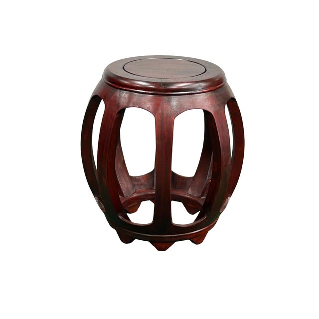 Brown Vintage Reddish Brown Oriental Barrel Shape Round Stool Side Table For Sale - Image 8 of 11