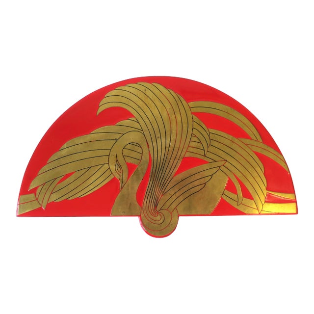 Red Lacquer Box With Brass Swan Bird Design, Circa 1970s For Sale