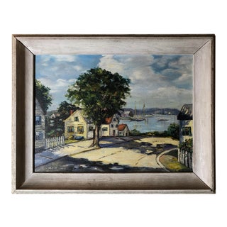 Vintage Mid-Century Naive Painting of Seaside Town For Sale