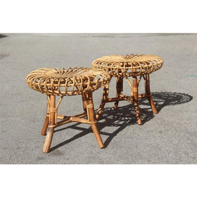 Pair of round midcentury stools bamboo curved minimal Italian design brown.