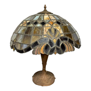 Antique Arts & Crafts Leaded Stained Glass & Bronzed Metal Table Lamp