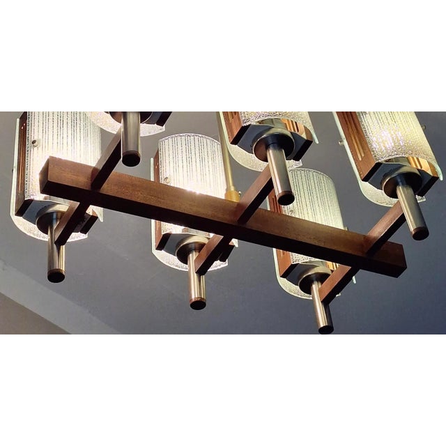 Mid-Century Modern Brutalist Teak and Art Glass Chandelier, 1960s For Sale - Image 3 of 9