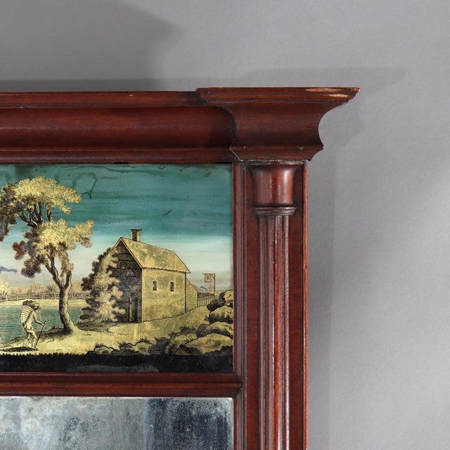 Antique Federal Mahogany Veneer Mirror With Englomise Landscape Panel C1830 Measures - 33 3/4" x 19 5/8" x 3 1/2" This...