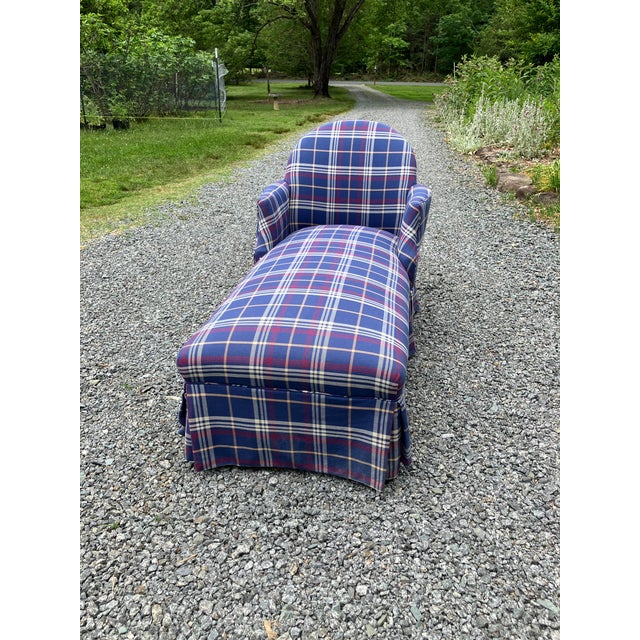 Early 20th Century Early 20th Century Louis XVI Style Upholstered Blue Tartan Plaid Chaise Lounge For Sale - Image 5 of 8