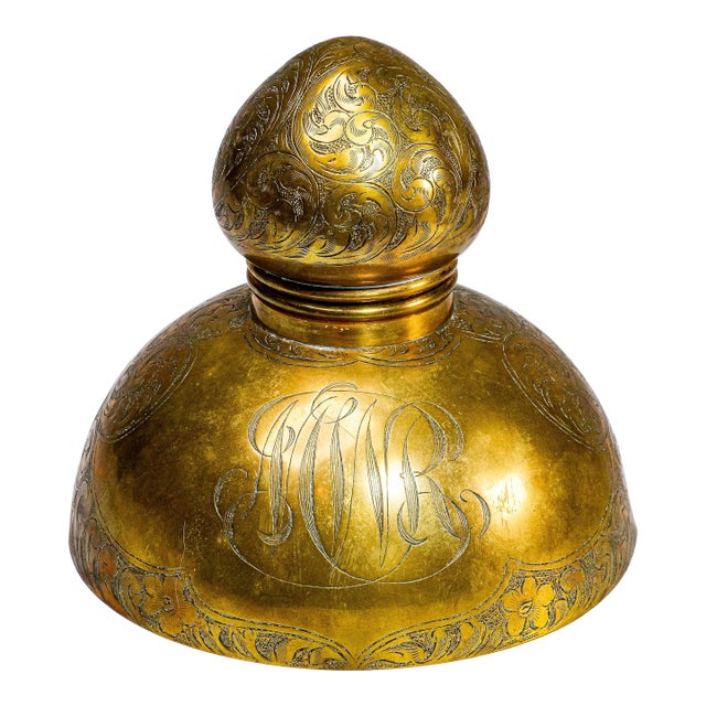 Ornate Aesthetic Movement Engraved Metal Desk Antique Inkwell Writing Victorian Home Office Decor For Sale