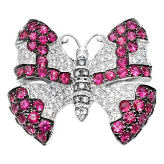 Late 20th Century 18K White Gold Ruby Pave Diamond Butterfly Brooch Pin For Sale